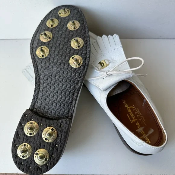 SALVATORE FERRAEGAMO White Leather Removable Kiltie Golf Shoe size  6-6.5  Italy - Picture 8 of 9